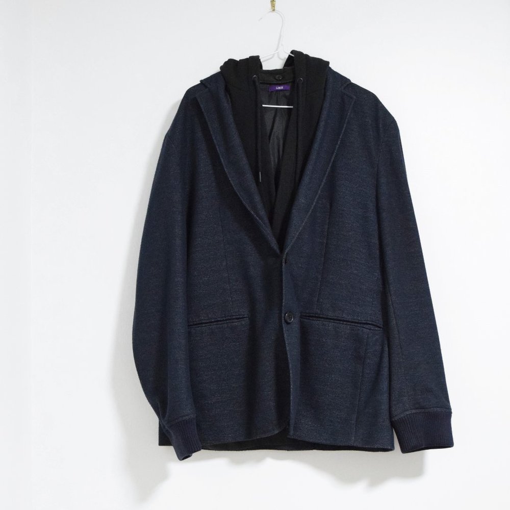 Dark Faux Denim Double Layer Hooded Sweatshirt Jacket | Size L